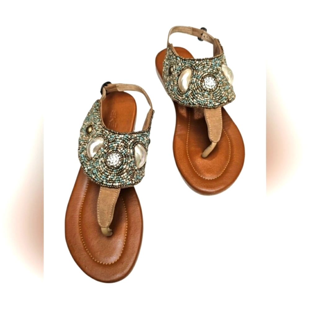 Skemo Luxury Bead Embroidered Tan Turquoise Ankle Strap Sandals Shell Details - Picture 3 of 13